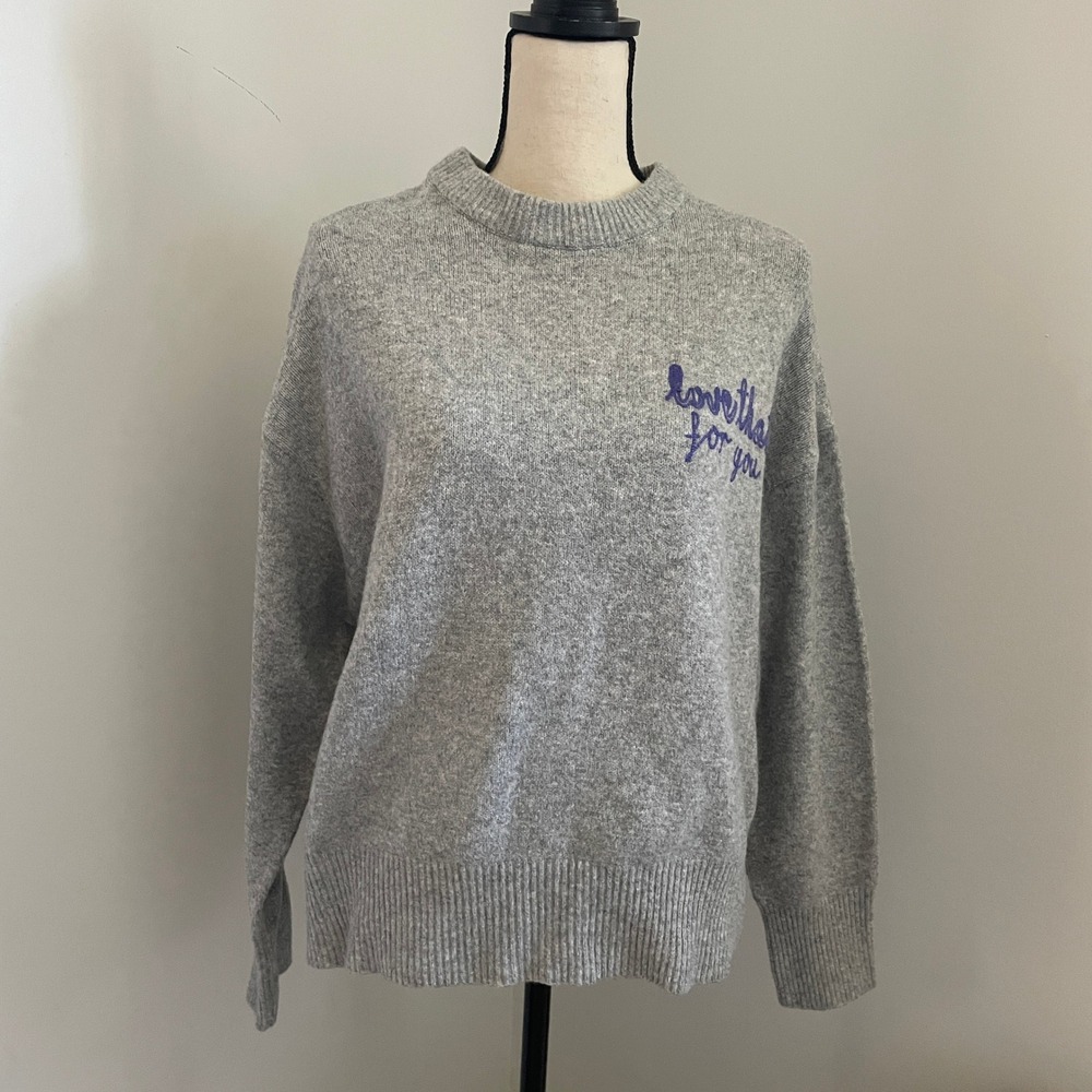 Women's Grey Embroidered Mock Neck Sweater Medium Love‎ That For You Cozy Soft